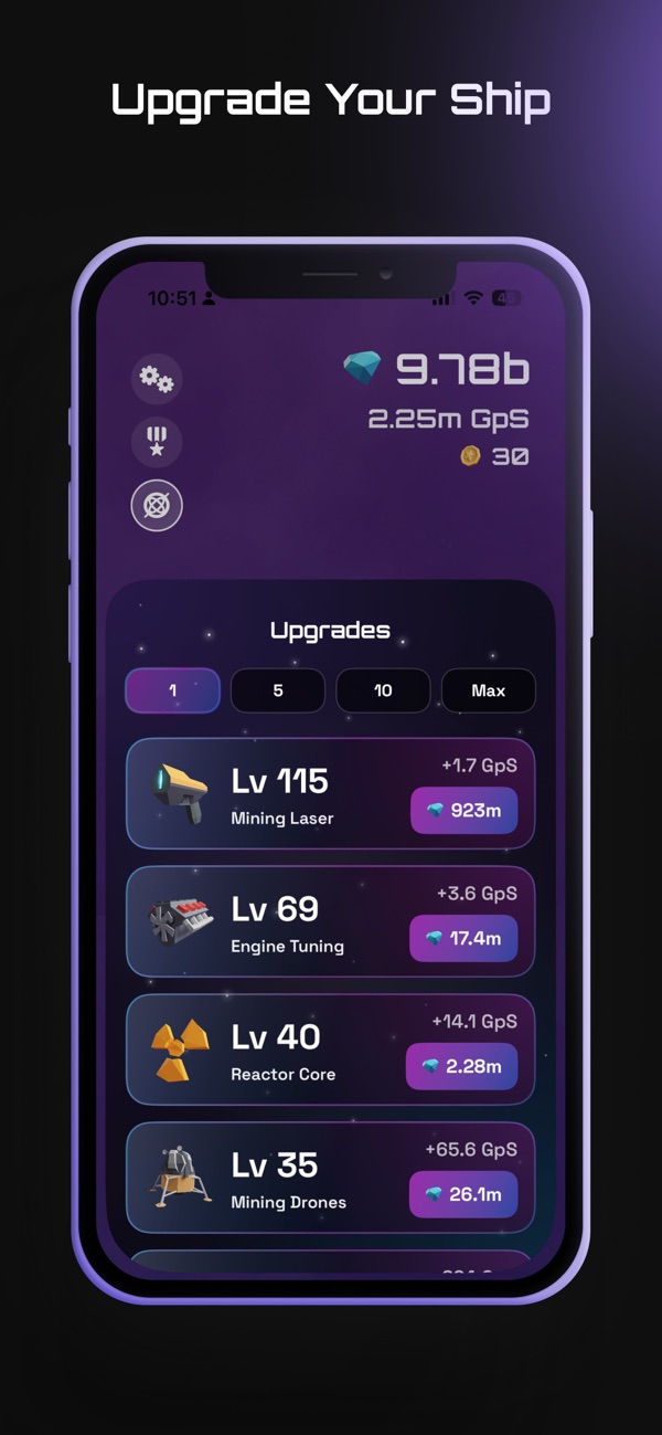 Astro Drift upgrades screen listing mining laser, engine tuning, and reactor core
