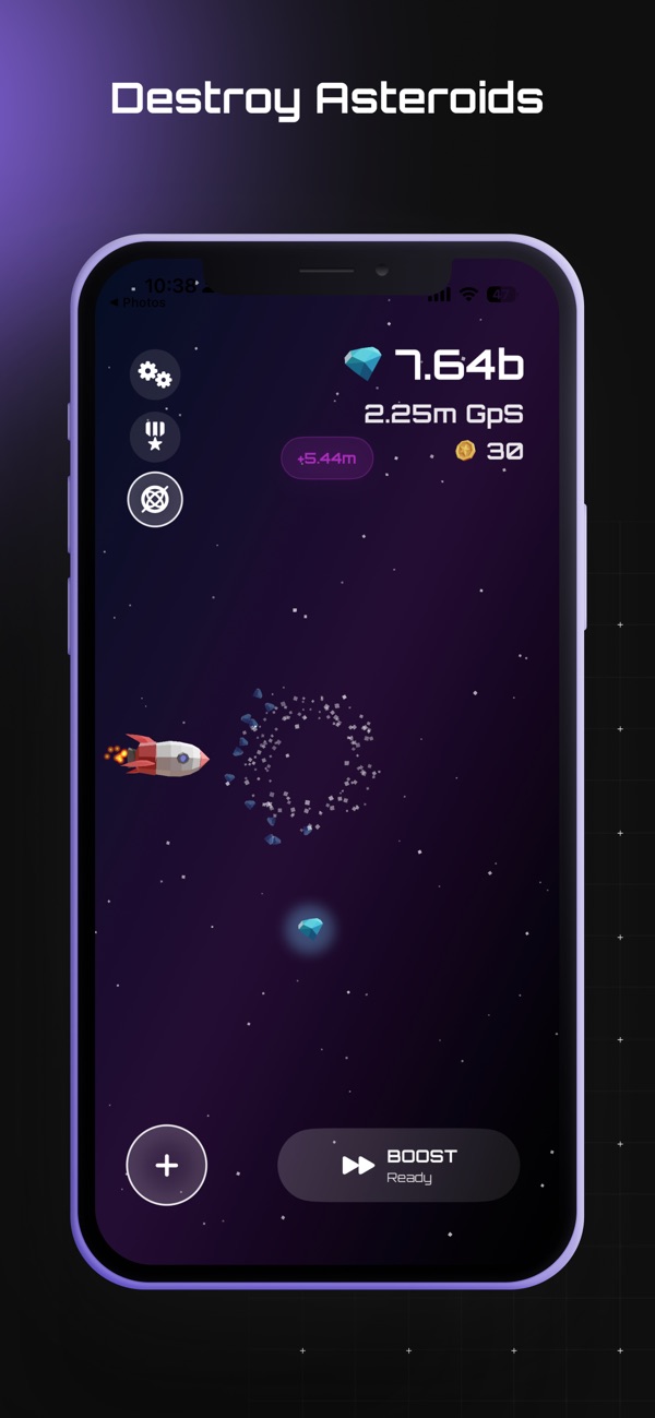 Astro Drift gameplay with a ship flying through an asteroid field