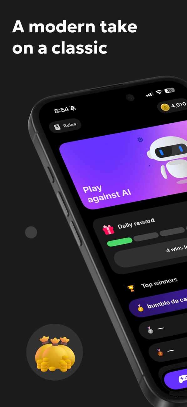 Dice Duel home screen with a Play against AI card and daily reward