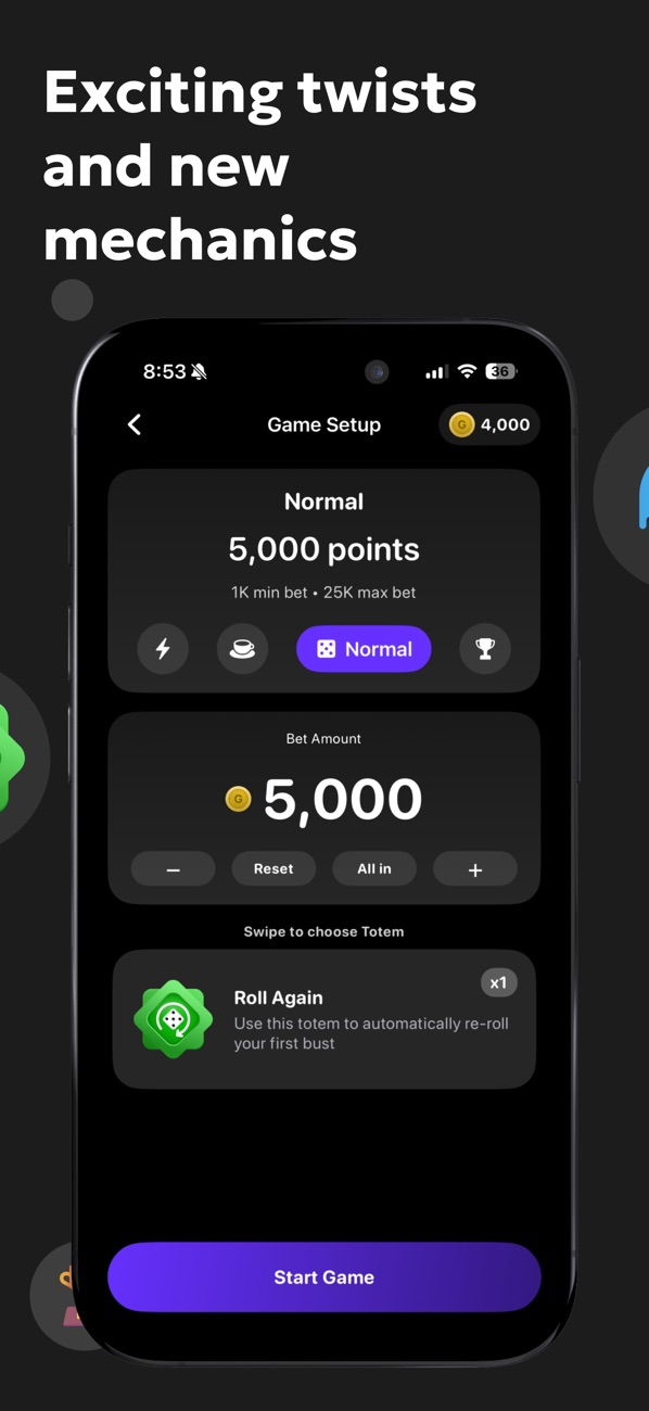 Dice Duel game setup with bet amount and totem selection